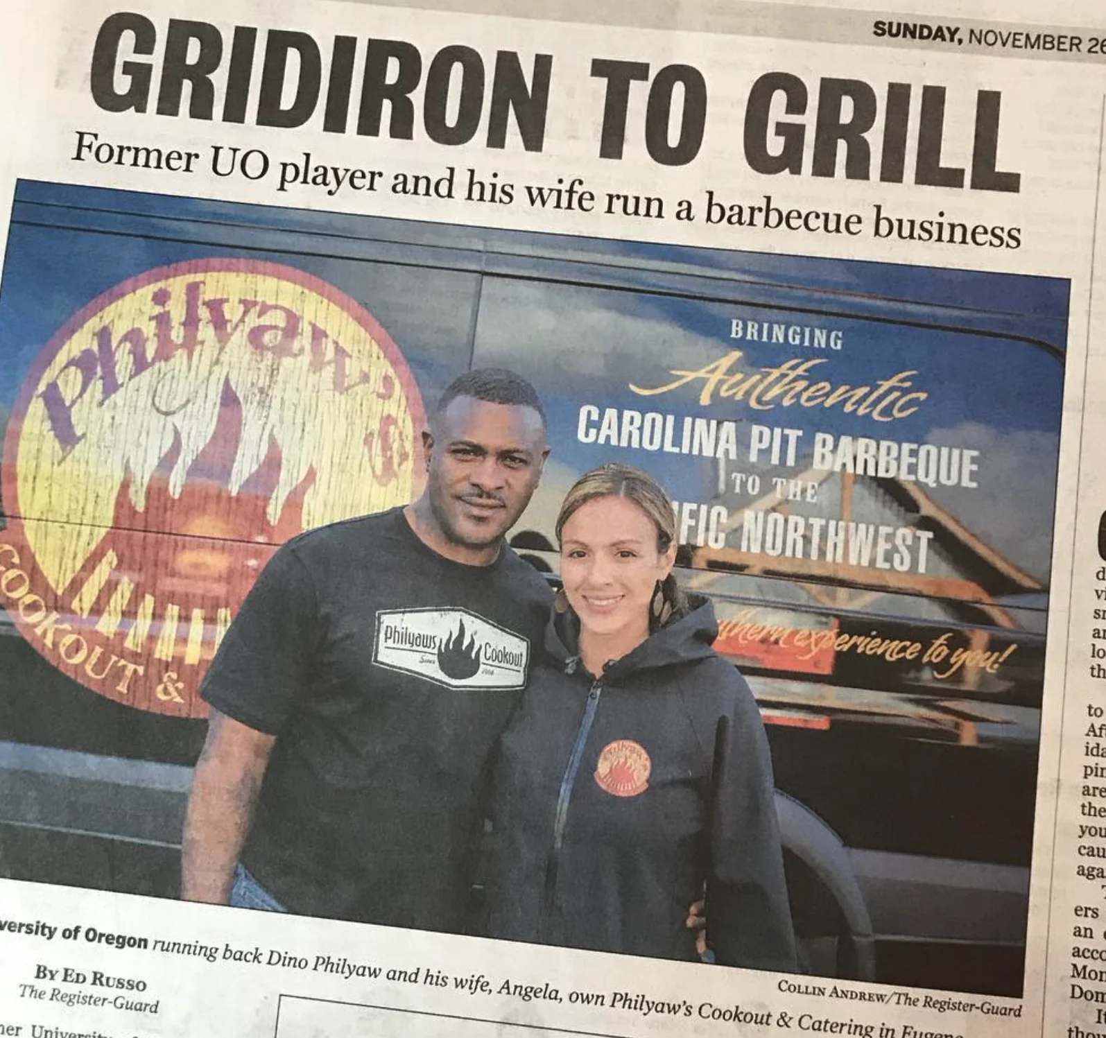A Register-Guard newspaper article about Dino and Angela Philyaw and their barbecue business.